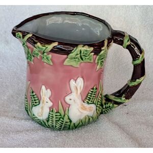 Vintag1991 CBK Ltd Rabbit Bunny Stoneware Pottery Pitcher Pink Brown Green White